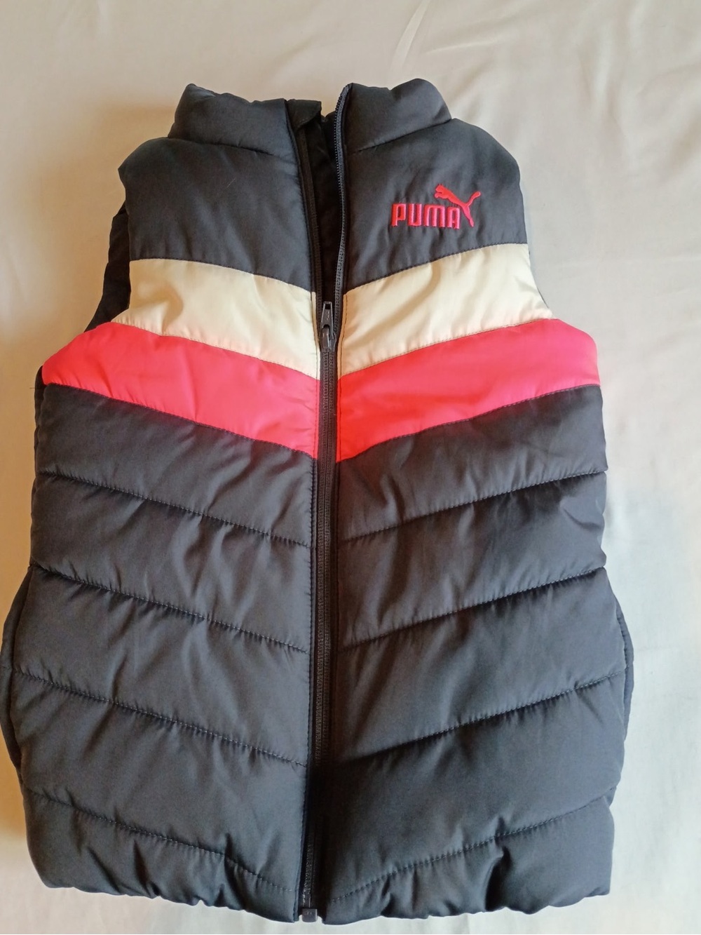 Puma Kids Black Puffer Vest with Pink and Cream Chevron